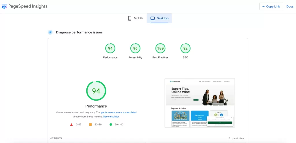 Website Optimization Services PageSpeed Insights: Tech Website AI results